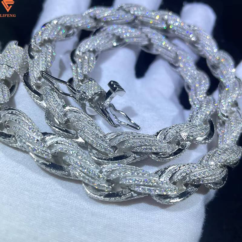 10MM White Gold Plated 925 Silver Iced VVS Moissanite Hip Hop Rope Chain Necklace Popular Fashion Jewelry for Men