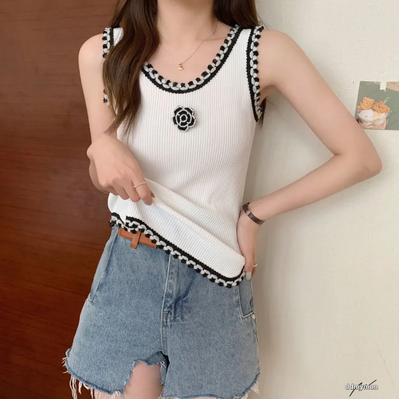Floral Camisole Sweater - Women's Knitted Tank Top With Rose Accents For Stylish Layering Ddmymon