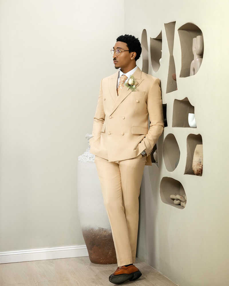 2-piece beige lapel men's suit summer fashion double breasted formal dress smart casual wedding jacket+pants