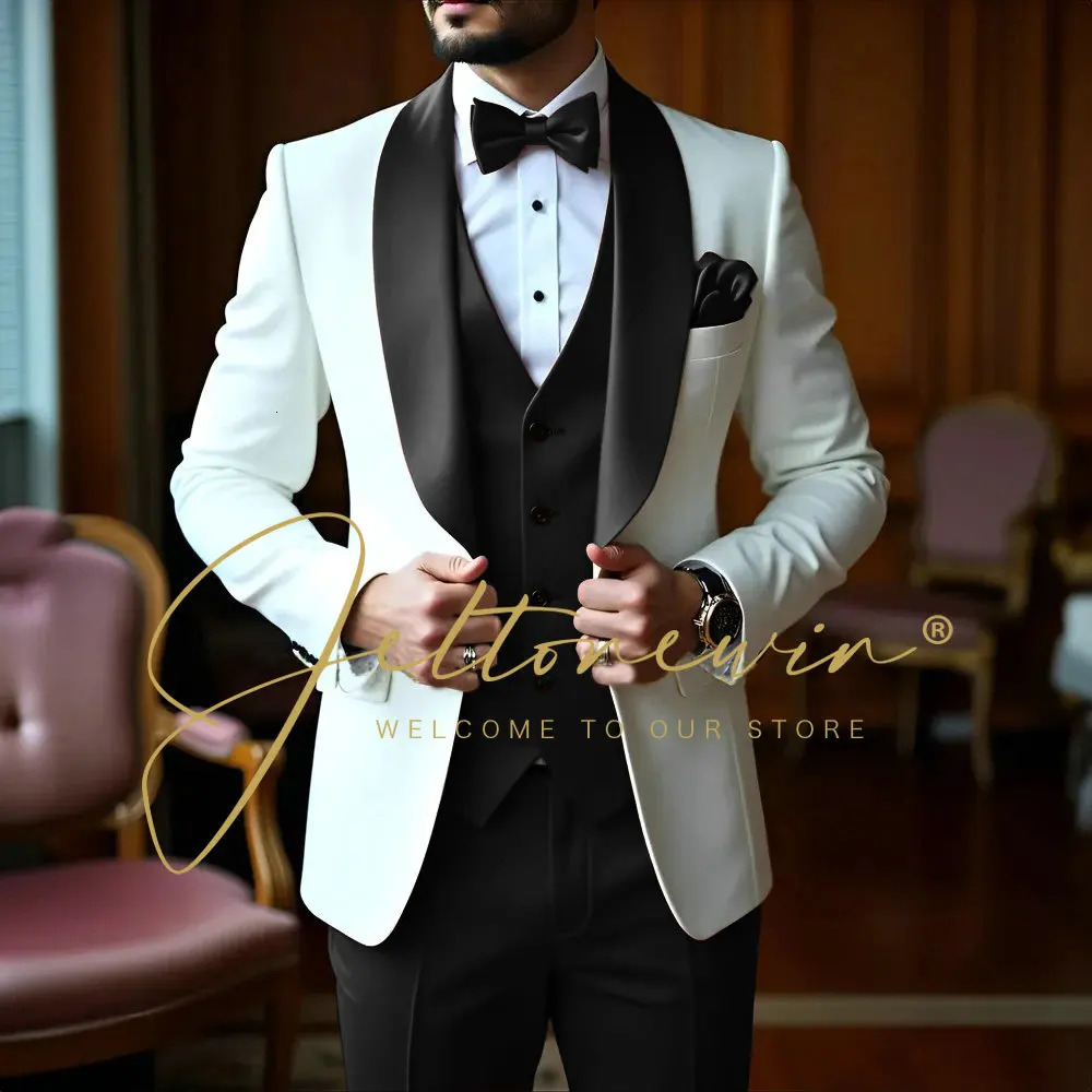 White 3 Pieces Men Suits Slim Fit Shawl Lapel Formal Man Wedding Groom Wear Blazer Sets Party Tuxedos Trajes De Hombre 251020