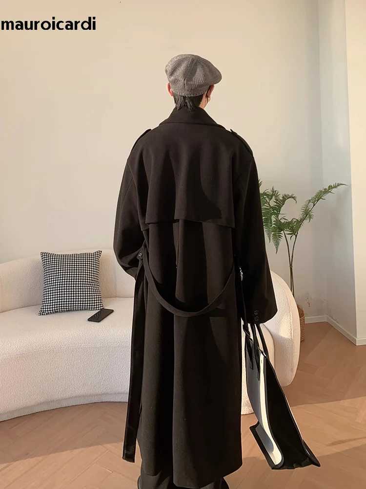 Mauroicardi Autumn Winter Long Oversized Windproof Black Warm Woolen Coat Men Sashes Double Breasted Wool Blends Overcoat 2023T251025
