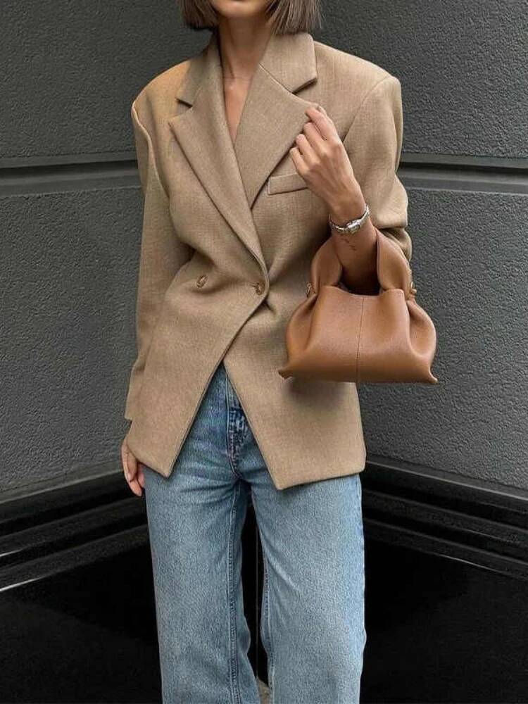 Women Vintage Slim Fit Blazer Lapel Long Sleeve Double Breasted Single Pocket Casual Solid Jacket Fall Winter New Chic Coat dongdumaoyi