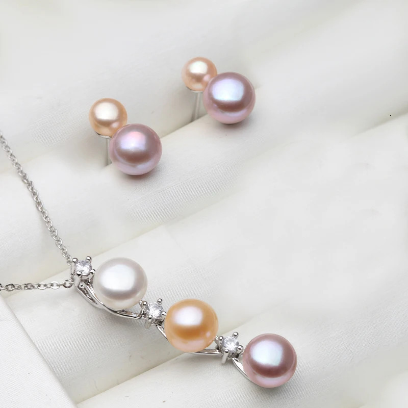 Wedding 925 Silver Natural Freshwater Pearl Necklace Earrings SetMulti Color Pearl Jewelry Set Wife Mother Birthday Gift Black 251016