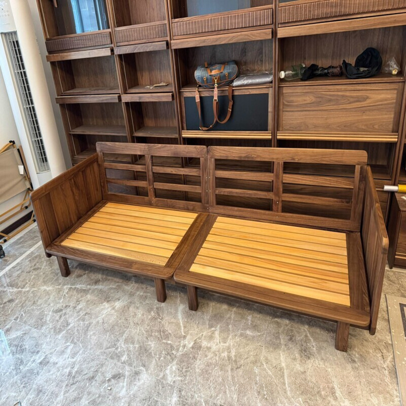 Black Walnut Sofa Full Solid Wood Genuine Leather Modern Simple Three-Seater Living Room Small Apartment Home Down Filling