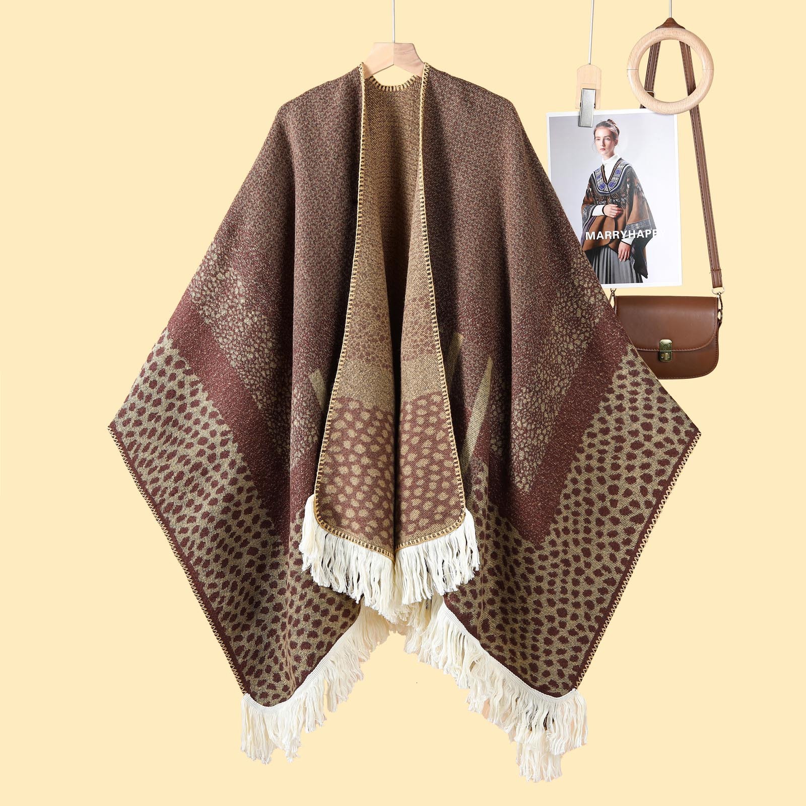 Womens Leopard Print Color Block Large Shawl Cape Autumn Winter Outdoor Cold Protection Warm Jacquard Shawl
