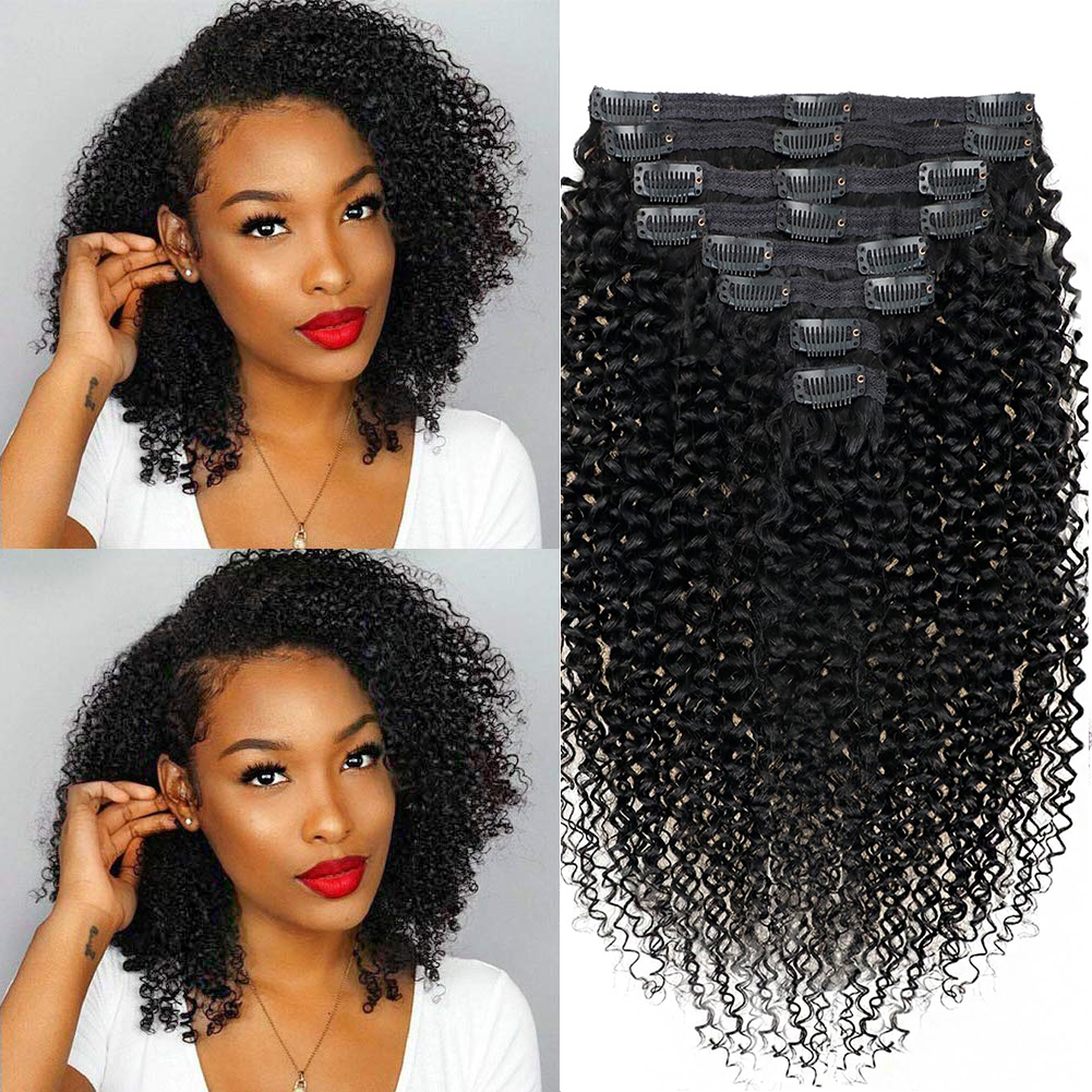 Brazilian Remy Human Hair Clip Ins 4C Afro Curly 8Pcs 18 Clips Full Head Set for Black Women 8-24 Inch Natural Colo
