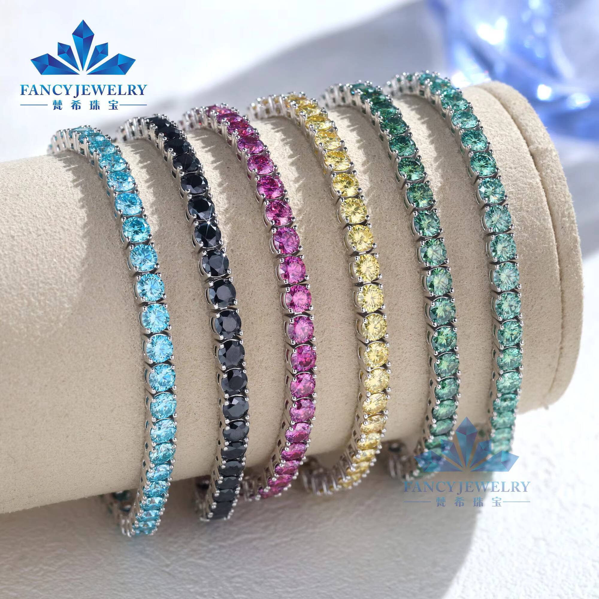 FancyJewelry Hip Hop 925 Sterling Silver VVS Moissanite Diamond 3mm Moissanite Tennis Bracelet Black Blue BlueGreen Yellow Pink