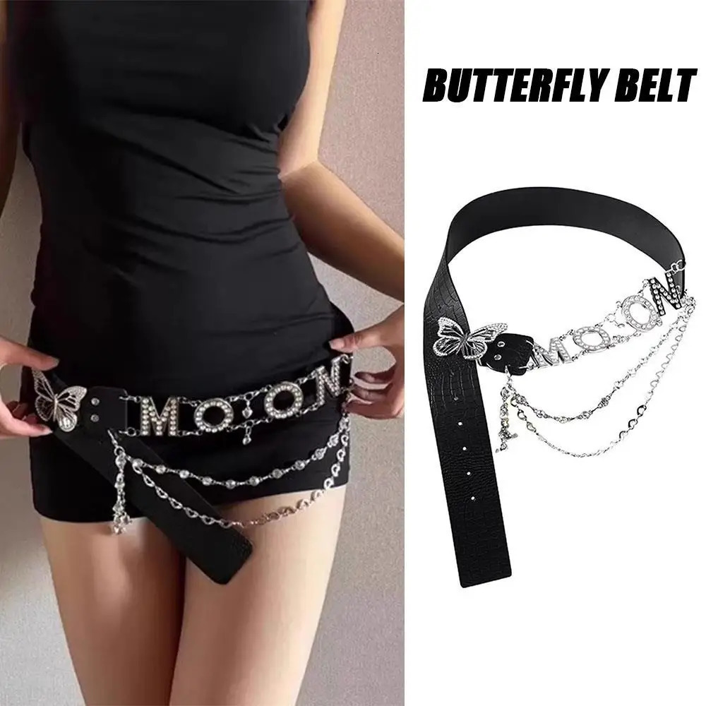 Y2k PU Waist Chain tie Letter Rhinestone Butterfly Belt Clothing Accessories Fashion Sexy Belts Trendy Waist Strap 251024