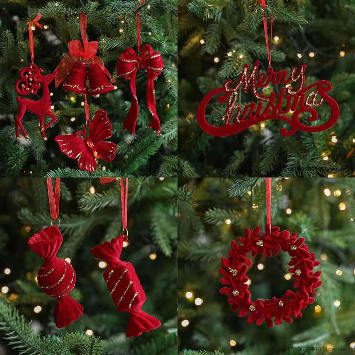 Red Flocking Christmas Bow Wreath Bell Christmas Tree Snowfall Elk Pendant Hanging Ornament Navidad 2026 Noel Home Party Decor C251024
