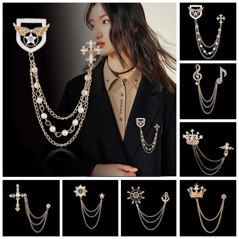 Korean British Style Crown Bird Brooch Cross Suit Tassel Chain Lapel Pin Angle Wings Badge Retro Female Corsage Men Accessories J251115