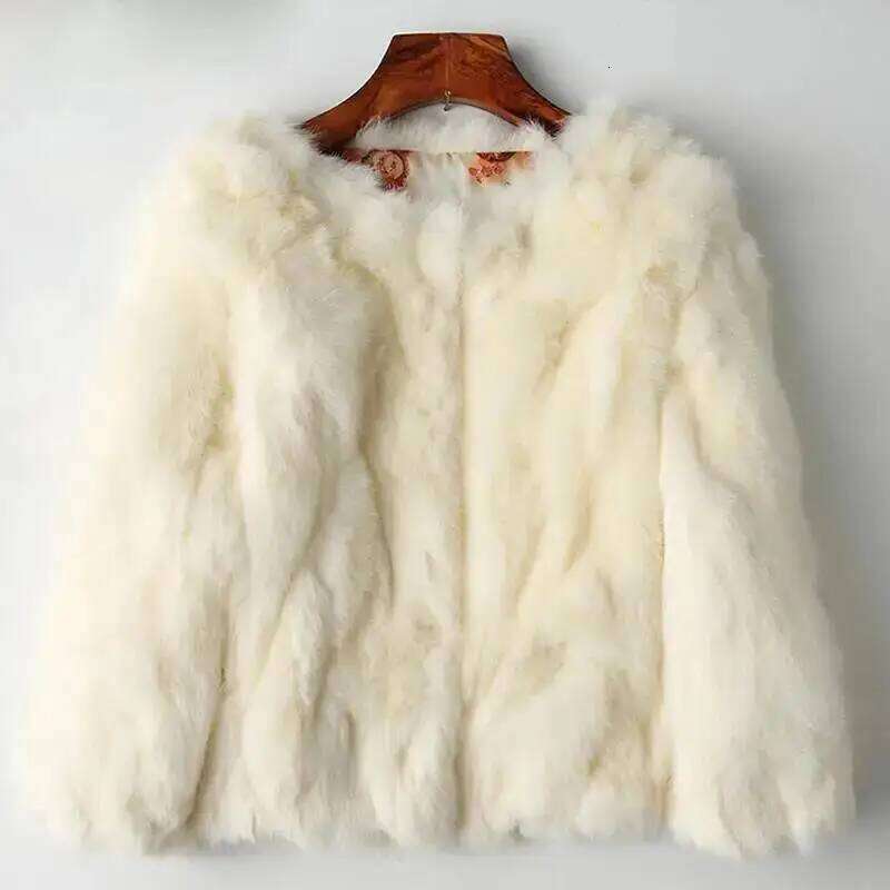 New Women's Real Fur High-Waist Round Collar Cardigan Long-Sleeved Slim Fit Rabbit Jacket Women Fashion Coat