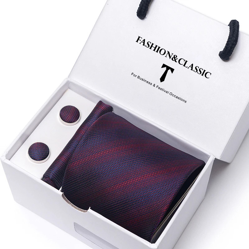 Holiday Gift Box 8 cm Red Stripe Mens Gravata Handkerchief Cufflinks Set For Men Suit Accessories Wedding Neckties 251023