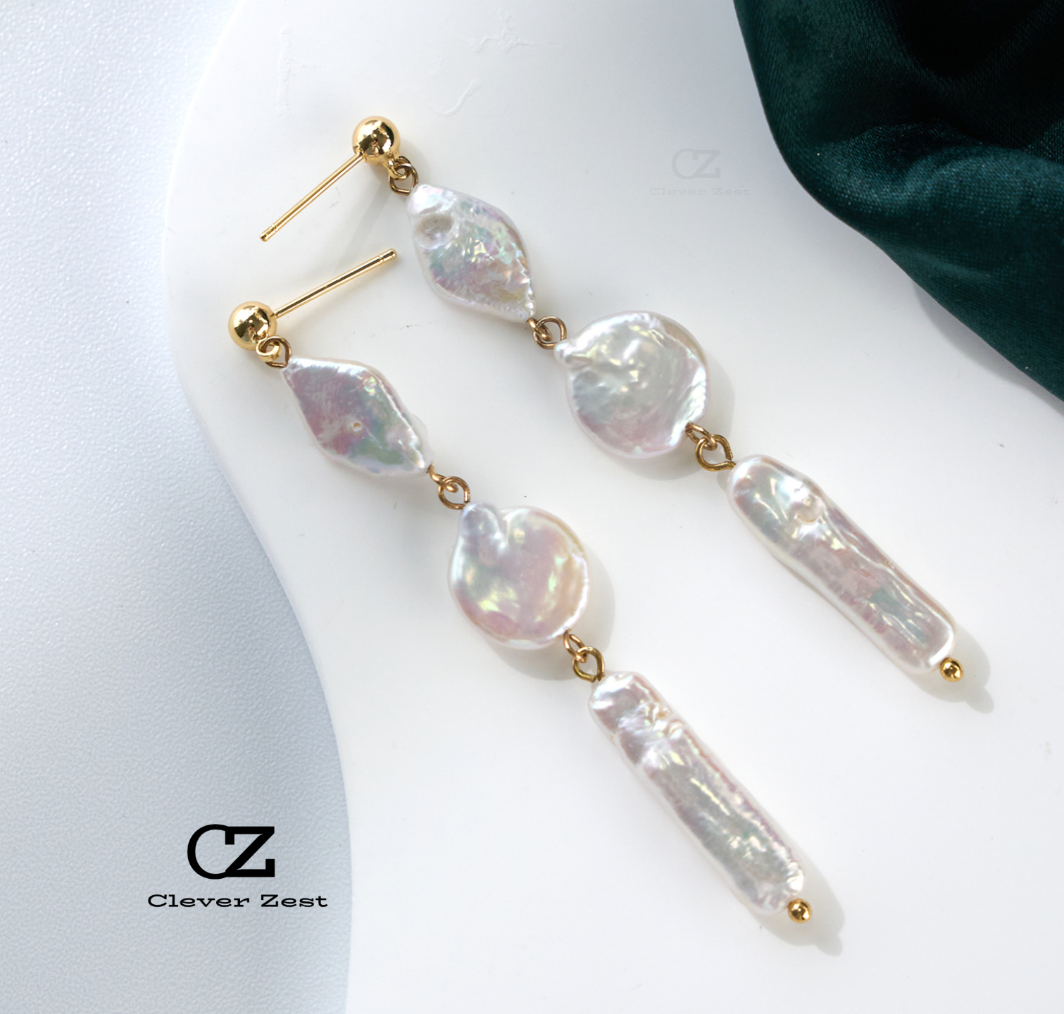 Natural White Diamond-Shaped Button Toothpick Baroque Earrings 14K Gold-Filled Fashionable Versatile Trend Anniversary Gift Bestie Gift