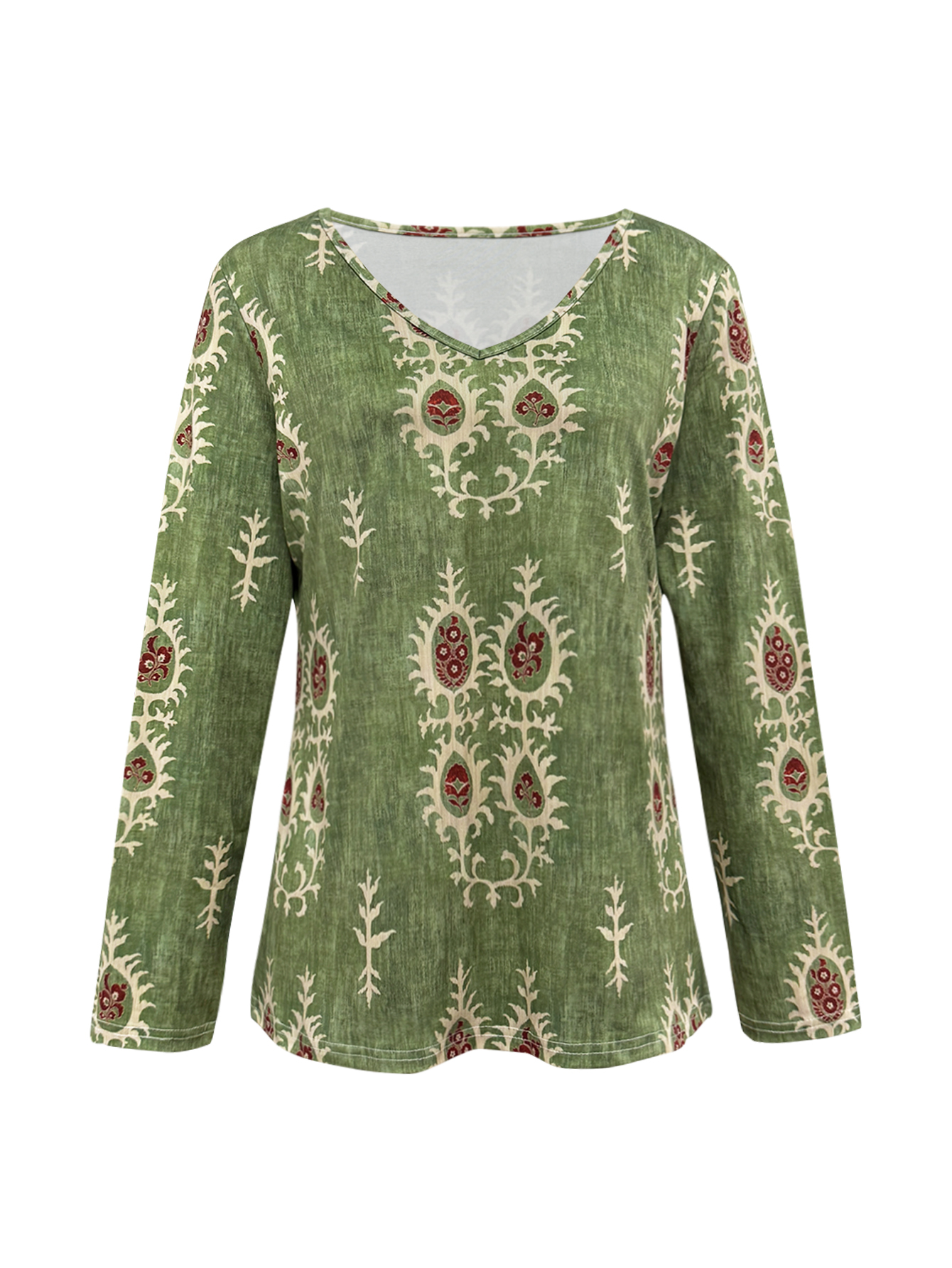 Autumn Winter Retro Fashion Commute Style Green V-Neck Loose Comfortable T-Shirt, Milk Silk Daily Casual Versatile Thin Long Sleeve Top for Women, S-X