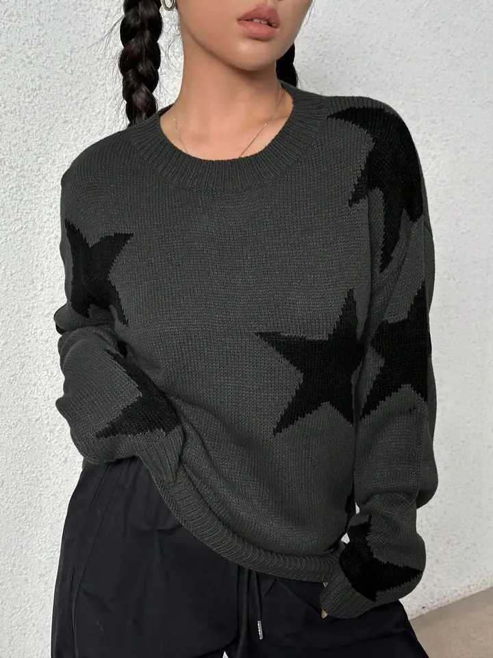 Womens round neck contrasting star jacquard loose casual woolen pullover topT251025