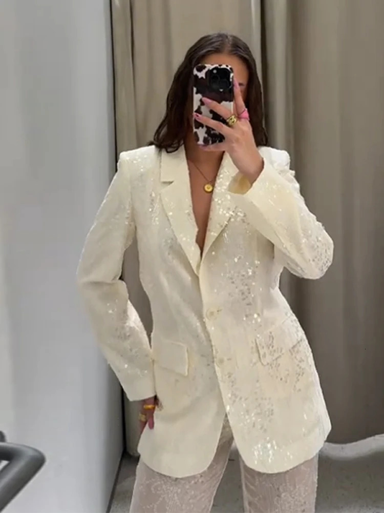 Sequins Suit Perspective Pants Casual Womans Set Lapel Glitter Loose Coat Sparkling Solid Color Straight Pants Women Chic Sets 251021