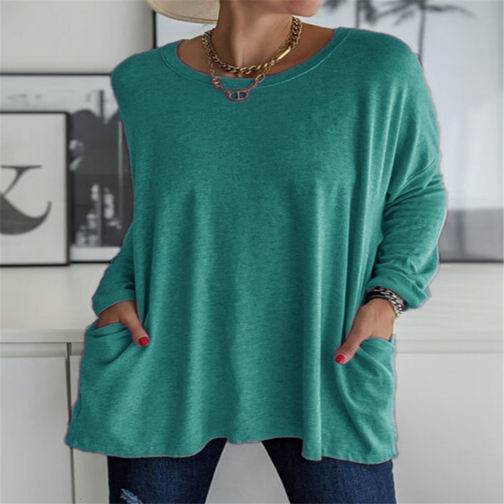 Spring Summer New Round Neck Long Sleeve Loose Pocket Solid Color T-Shirt Casual Women's Clothing