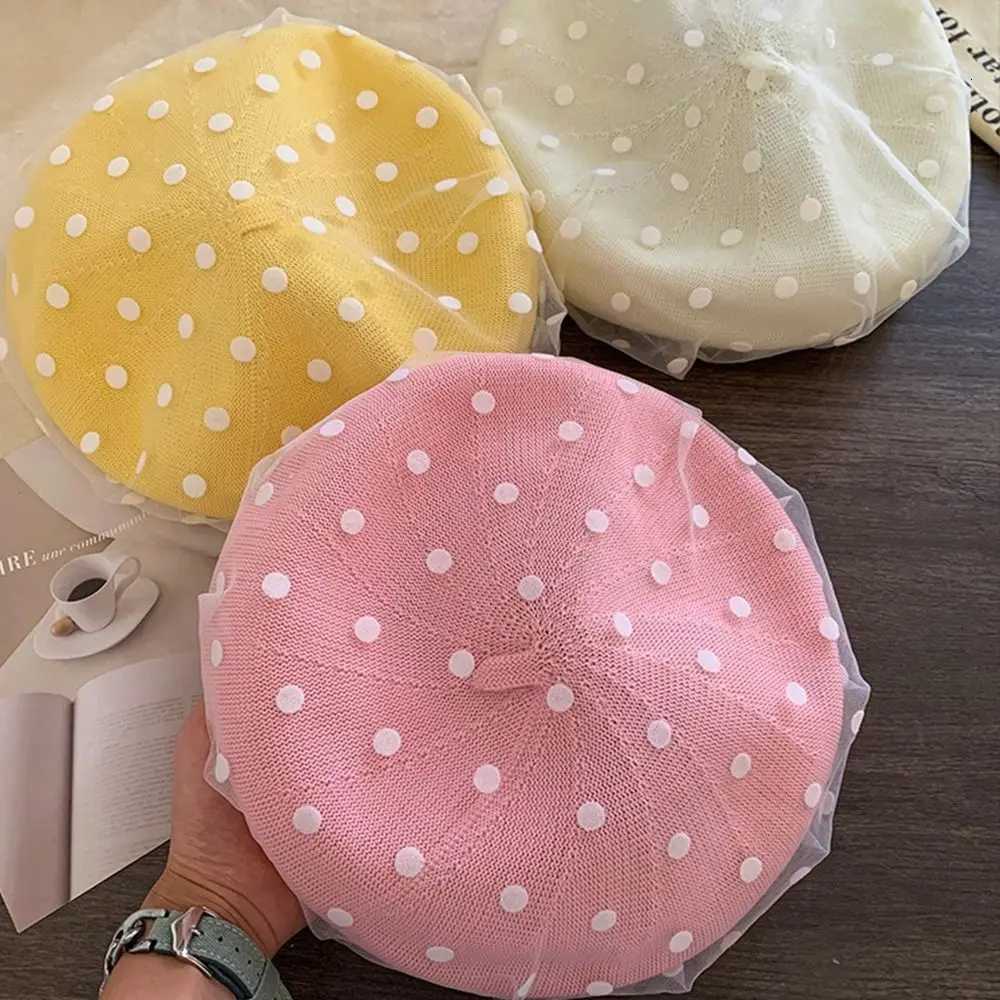 Fashion Korean Polka Dot Berets Mesh Y2k Knit Painter Cs Lace Casual Beanie C Spring Summer Y251025