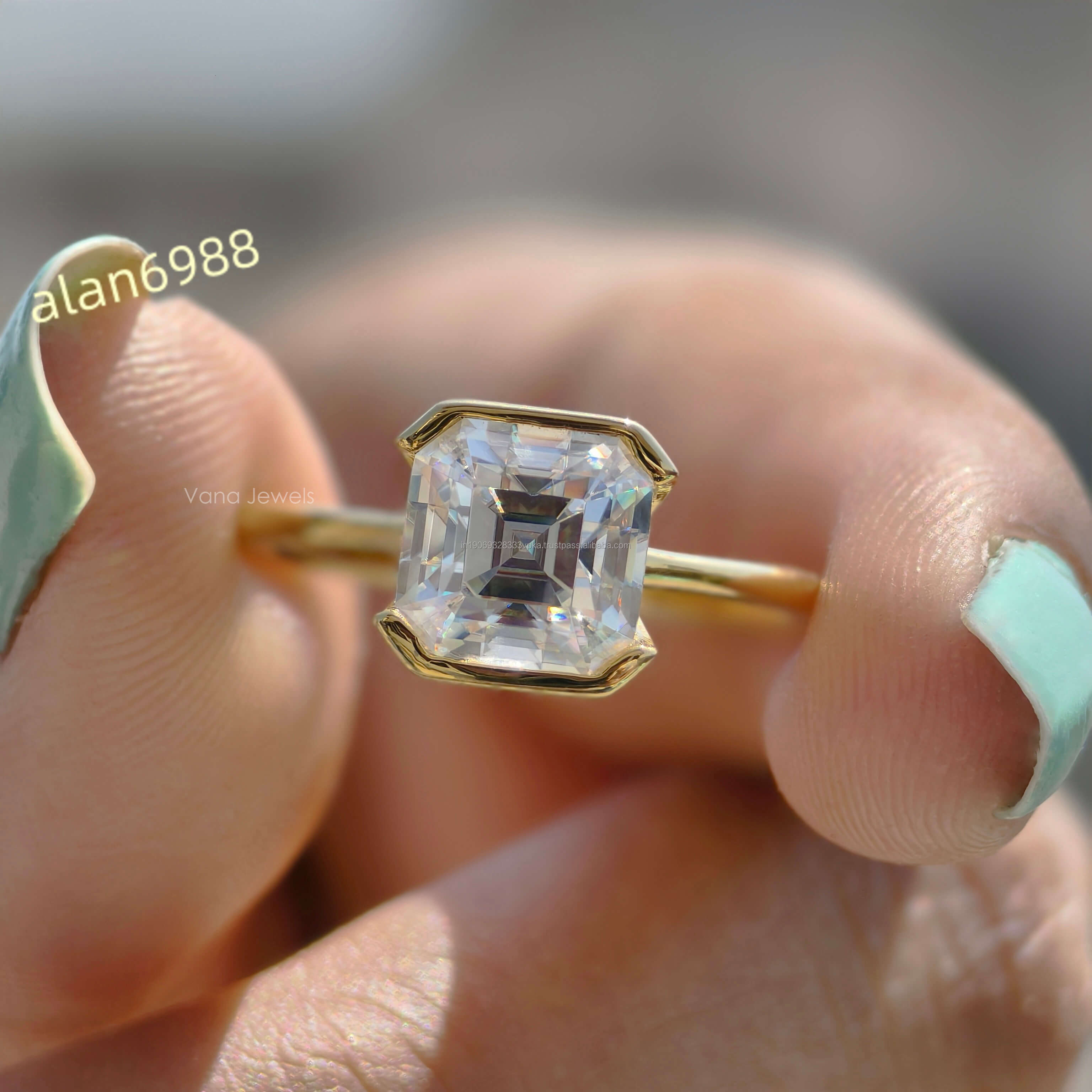 Asscher Cut Moissanite Solitaire Engagement Ring in 14K Solid Yellow Gold with Half Bezel Setting wedding or anniversary gift