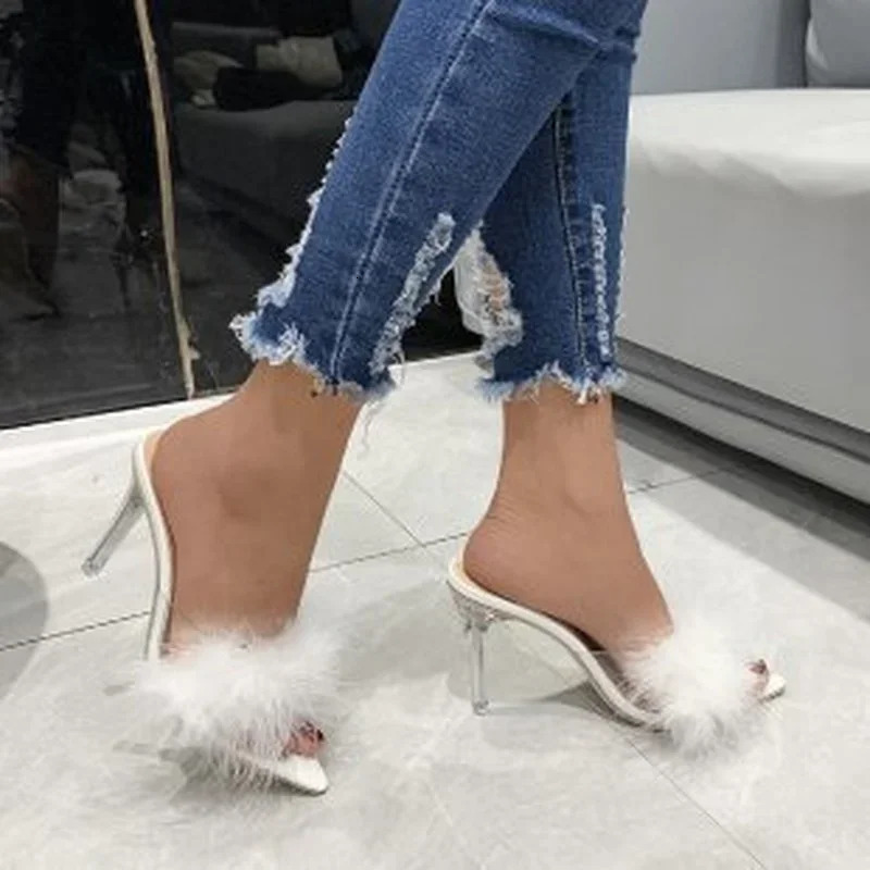 Summer Highheeled Plus Size Sandals and Slippers Women Fineheeled Suede Furry Pointed Toe Fashion Womens Shoes 251023