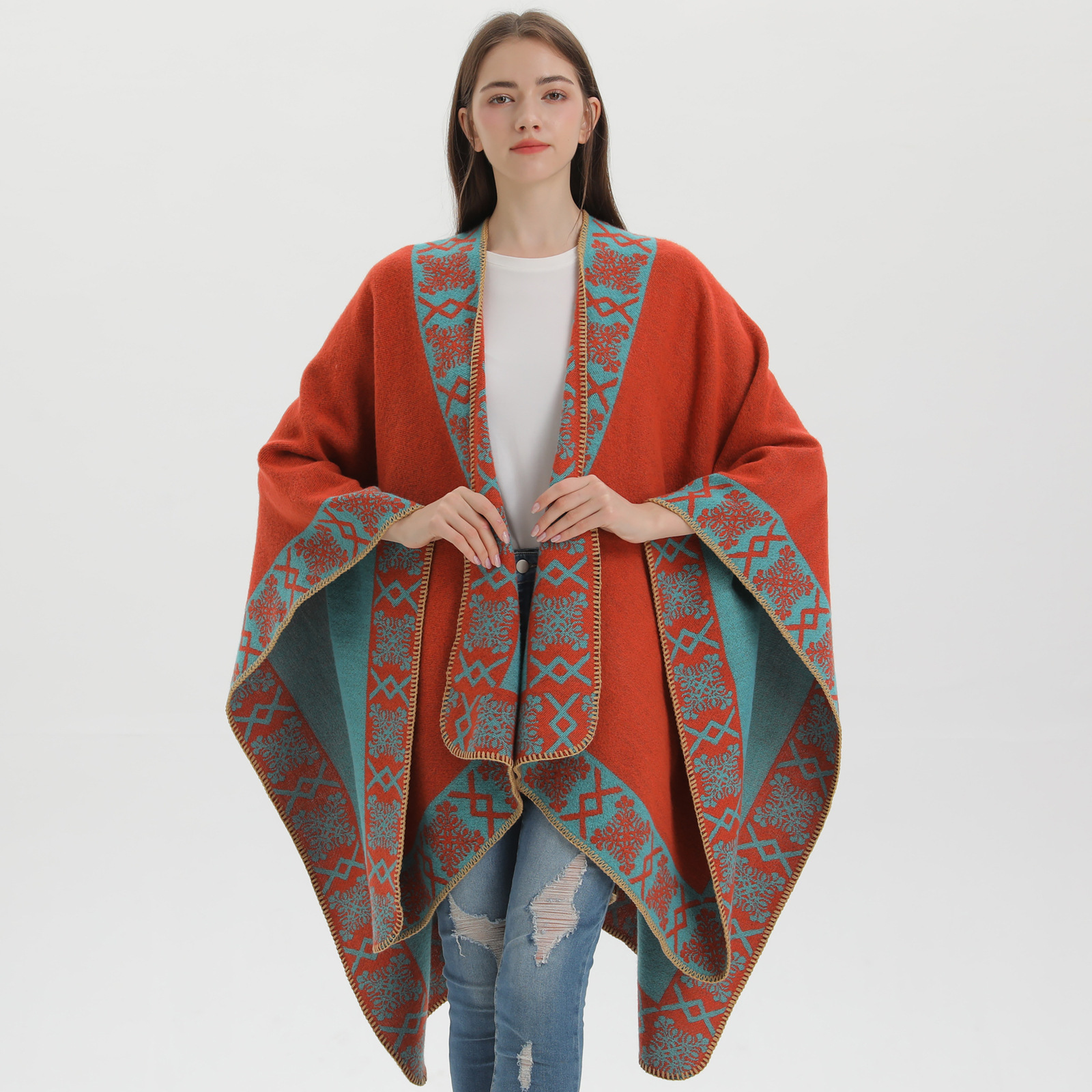 New Womens Split Shawl Autumn Winter Ethnic Style Imitation Cashmere Thickened Warm Cape Scarf Outerwear