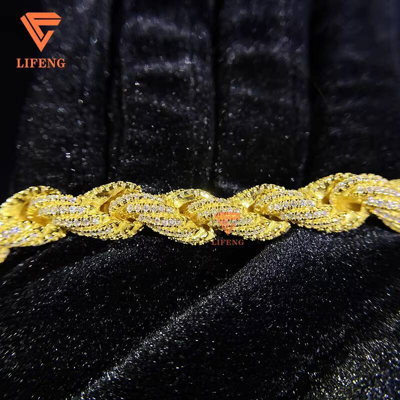 8mm Gold Plated 925 Sterling Silver Rope Chain Bracelet Custom Hip Hop Moissanite Diamond Fine Jewelry Rope Bracelet for Women