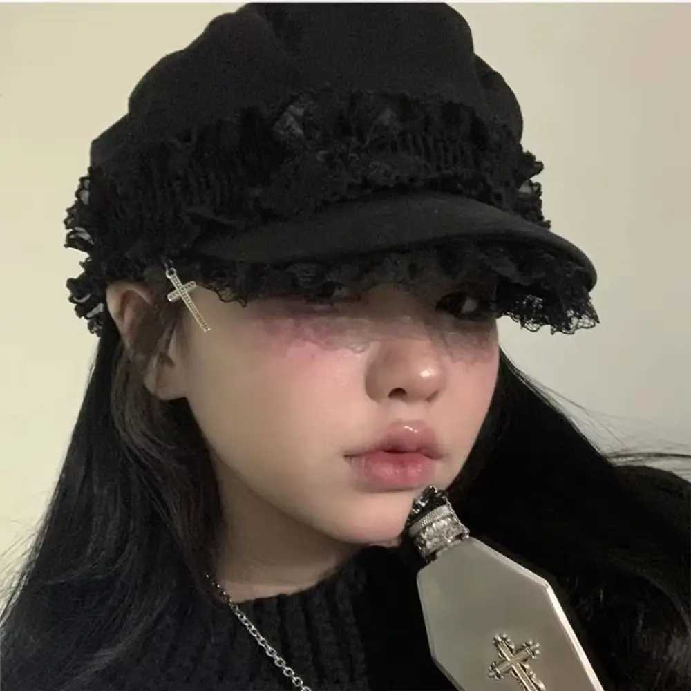 Fashion Double Layer Lace Y2K Hat Girl Cool Black Painter Hat Lace Beret Cs Millennium Dark Design Outdoor Sun Hat For Adt Y251025
