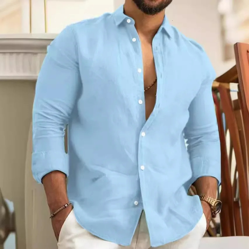 Solid Color Cotton Linen Plain Shirt Men Classic Buttonup Lapel Long Sleeve Shirts Spring Summer Fashion Loose Mens Top Shirts 251023