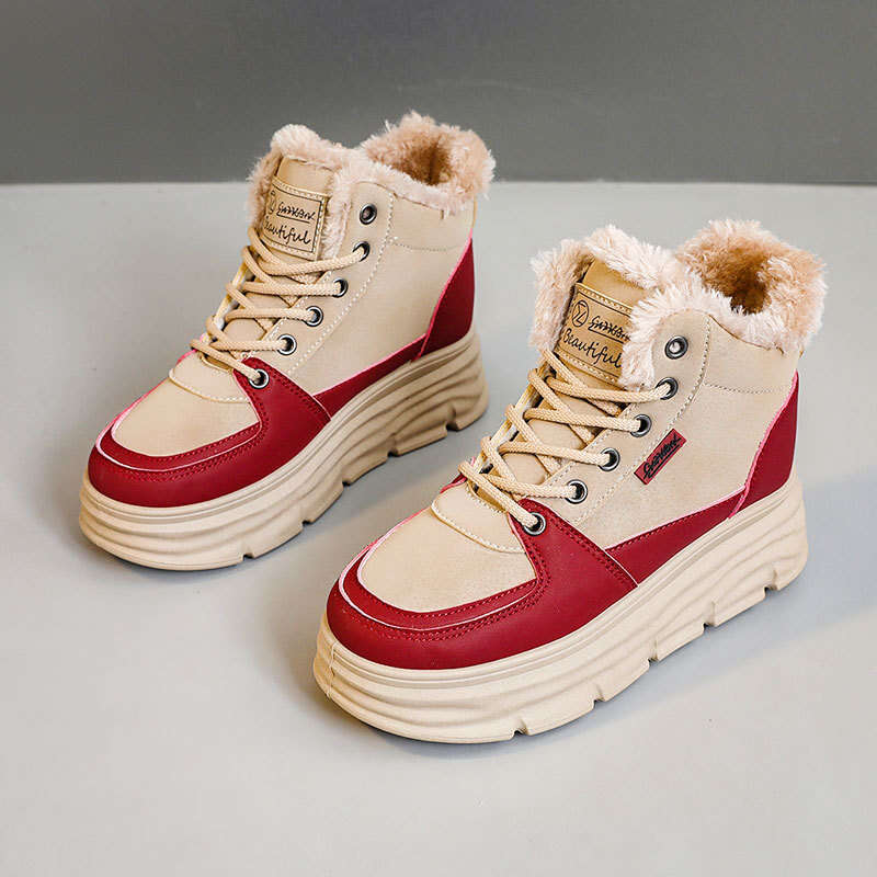 New Autumn Winter Casual Height Increasing Sneakers High Top Fleece Lined Warm Thick Sole Student Women's Shoes