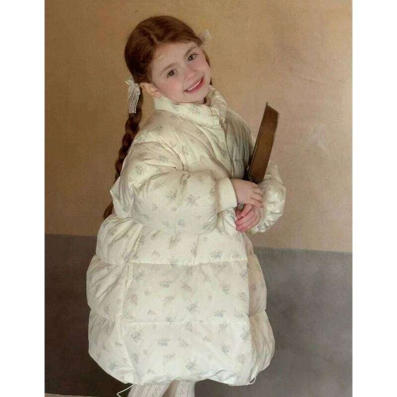 Winter Girls' Coat Warm New Small Floral Long Style Kids Clothing Casual Loose Children's Outdoor Cotton Jacket Rm117