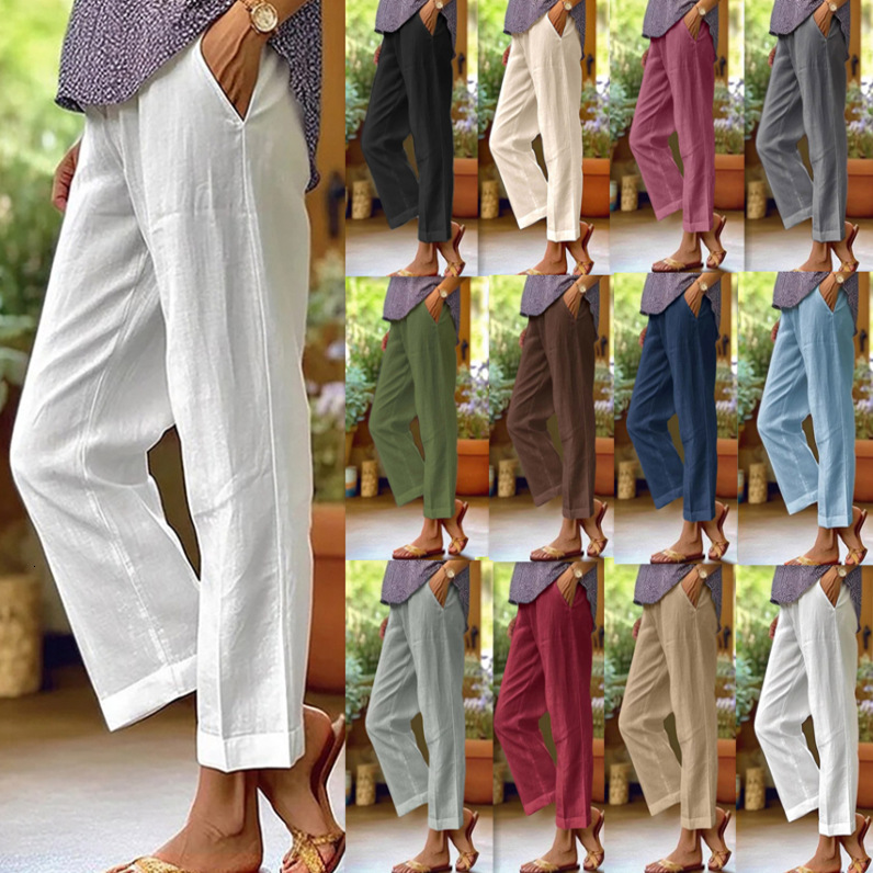 2025 Women's Cotton Linen Loose Solid Color Elastic Waist Pocket Straight Casual Pants