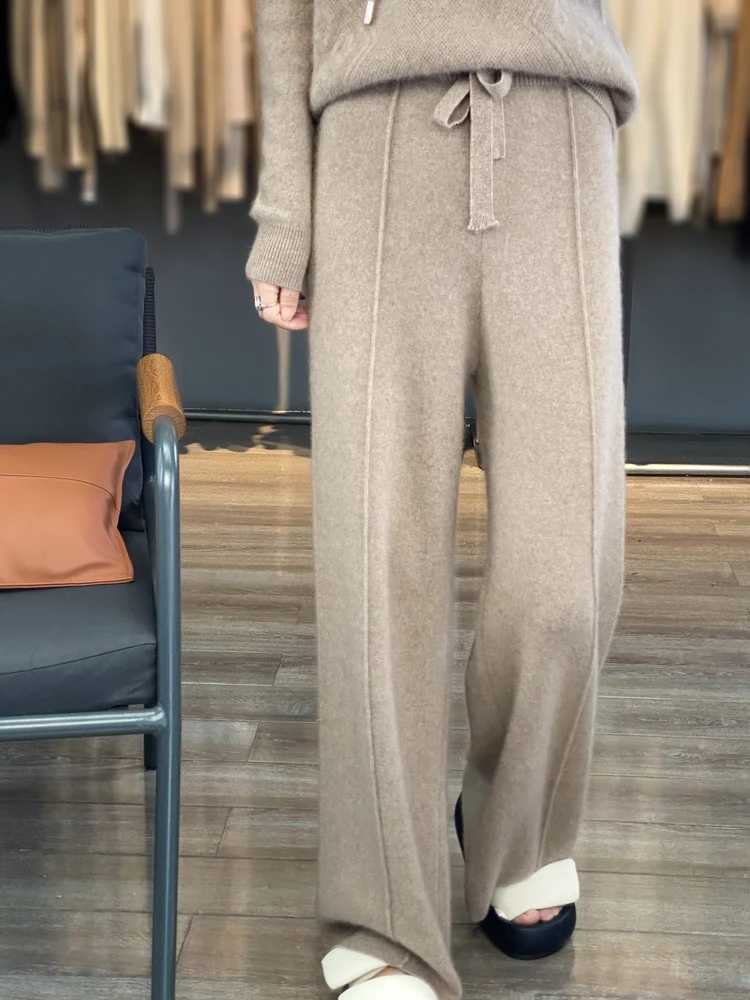 Office Women Straight Pants Autumn Winter 100 Merino Wool Pants Knit Warm Trousers Lace Up Elastic Female Casual Wide Leg PantsT251025