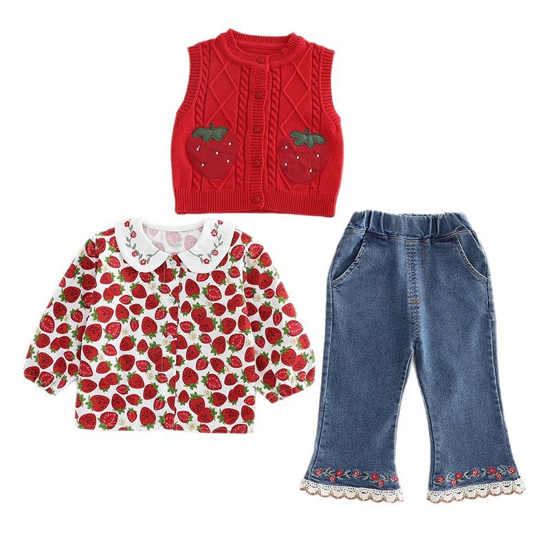 Free Shipping 2025 Girls Spring Outfit Set Strawberry Print Sweater Three-Piece Set Cute Baby Toddler Clothes Spring Fashion