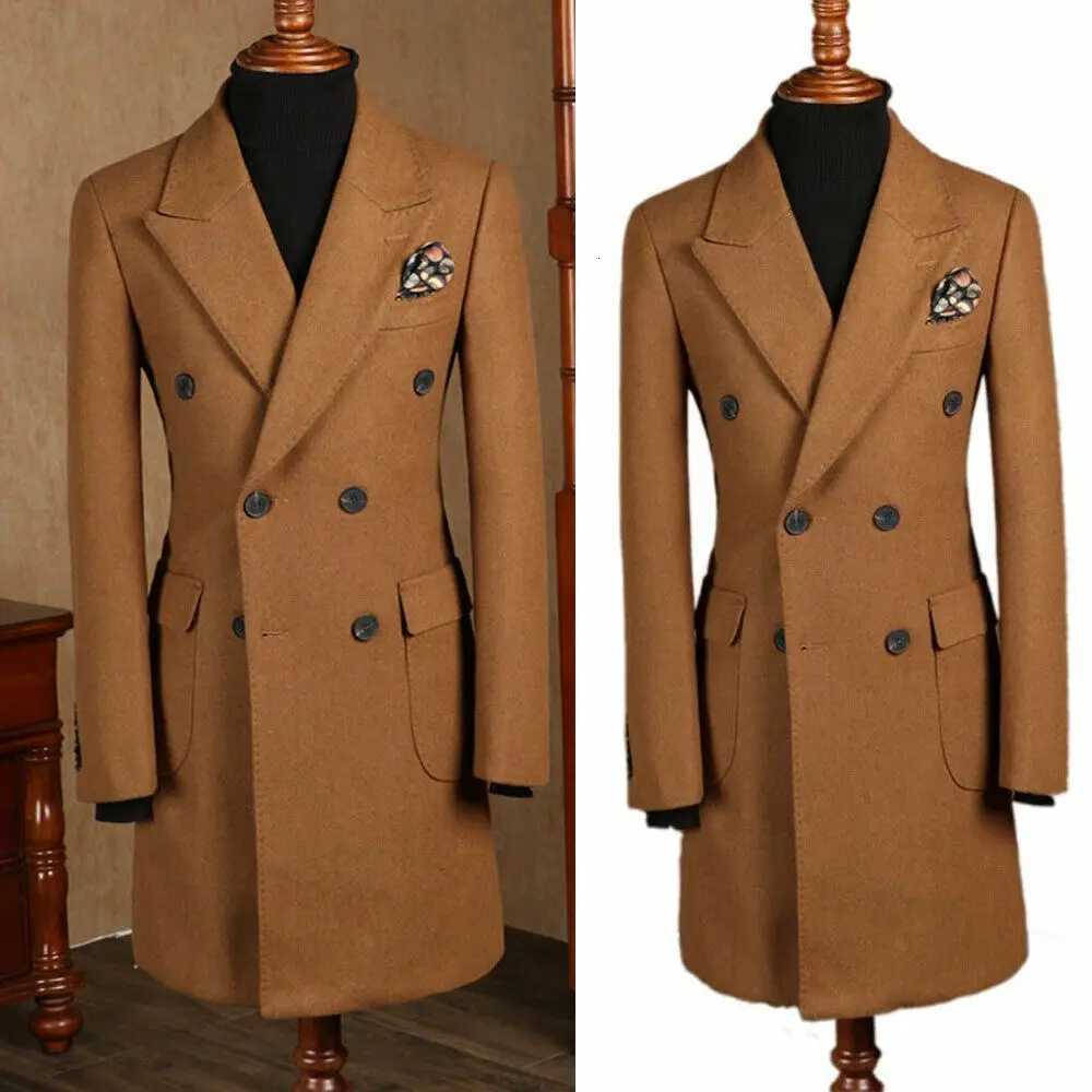 Men Wool Overcoat Doublebreasted 6 Button Peak Lapel Suit Long Outwear Jacket Customized Fashion Brown Long CoatT251025