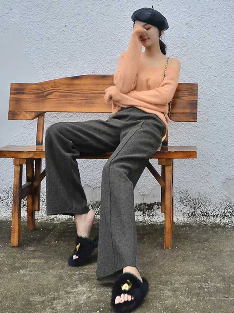 Autumn Winter Warm Woolen Wide Leg Pants Korean Fashion Womens Pantalones Casual High Waist Baggy Thicken Straight SweatpantsT251025