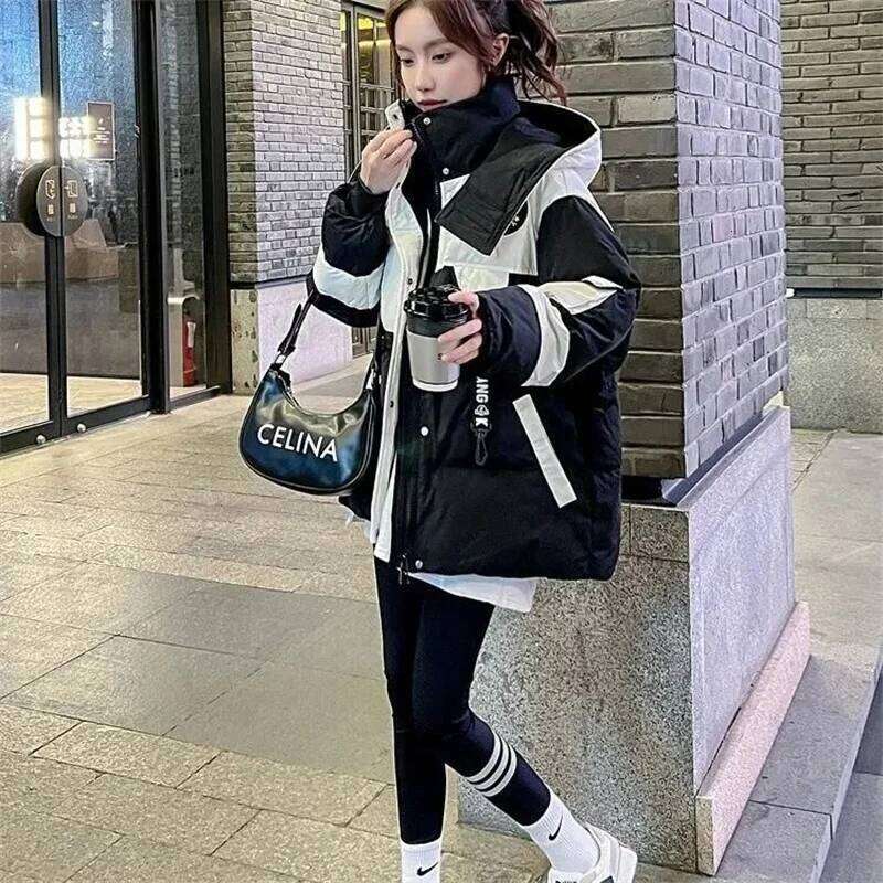 Black Medium Long Parker Cotton Jacket Women's Winter 2025 New Korean Version Loose Down Cotton Splicing Hooded Coat Warm Top
