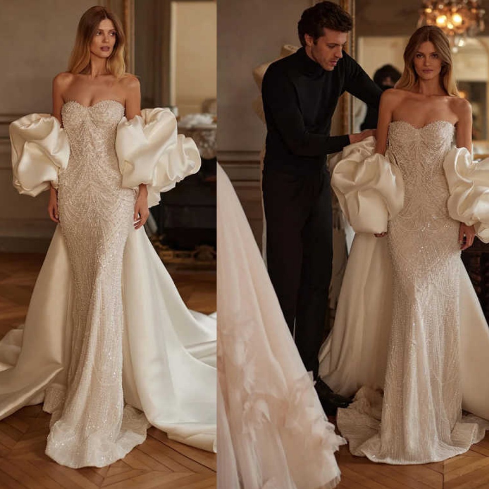 Luxury Pearls Lace Mermaid Long Wedding Dress With Shawl Sweetheart Neck Bridal Gown Customized Elegant Ivory Dresses For Bride