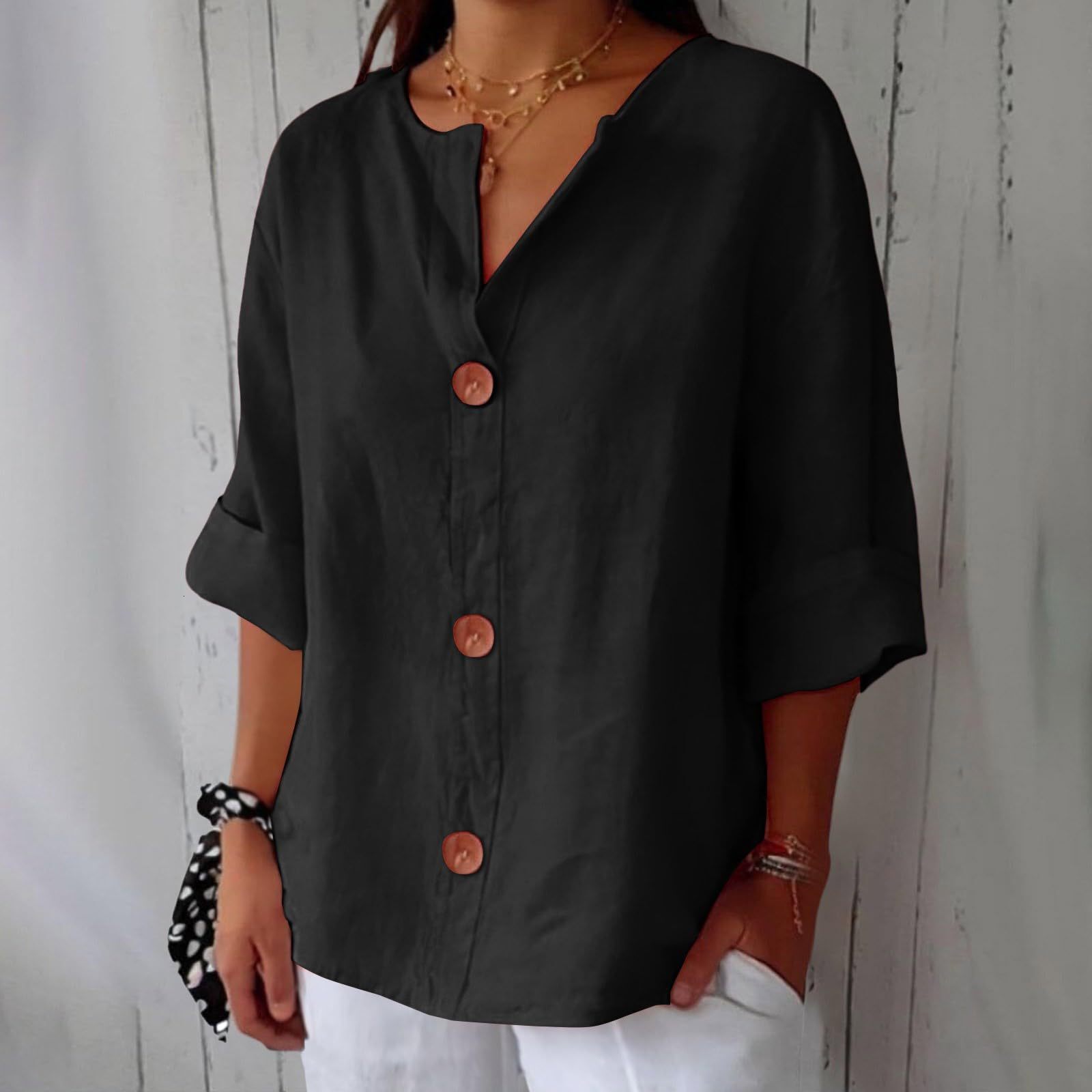 2025 Spring/Summer New Loose T-Shirt Women's V-Neck Cotton Linen Button Top
