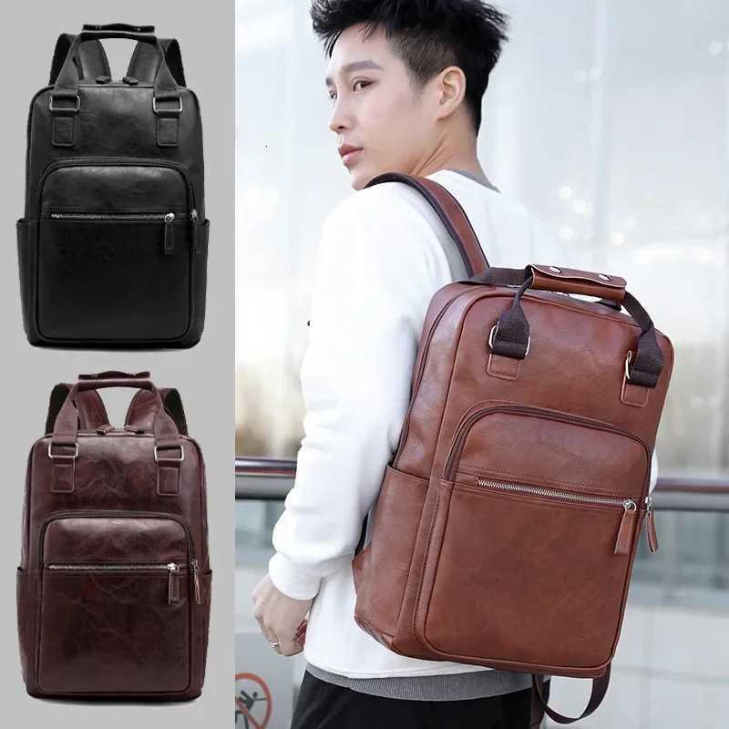 black work backpack PU leather bag man shoulder bags Waterproof male backpack 156 inch laptop computer bag boys school backpack W251025