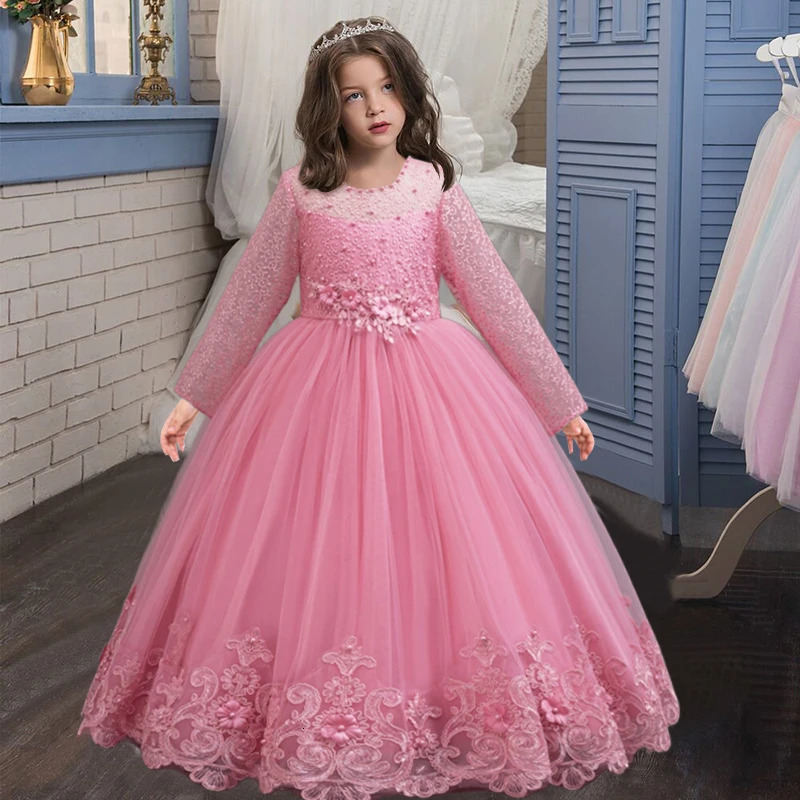 Flower Girl Wedding White Lace Dress Elegant Girl Beauty Pageant Princess Long Dress 412yearold Summer Childrens Clothin 251023