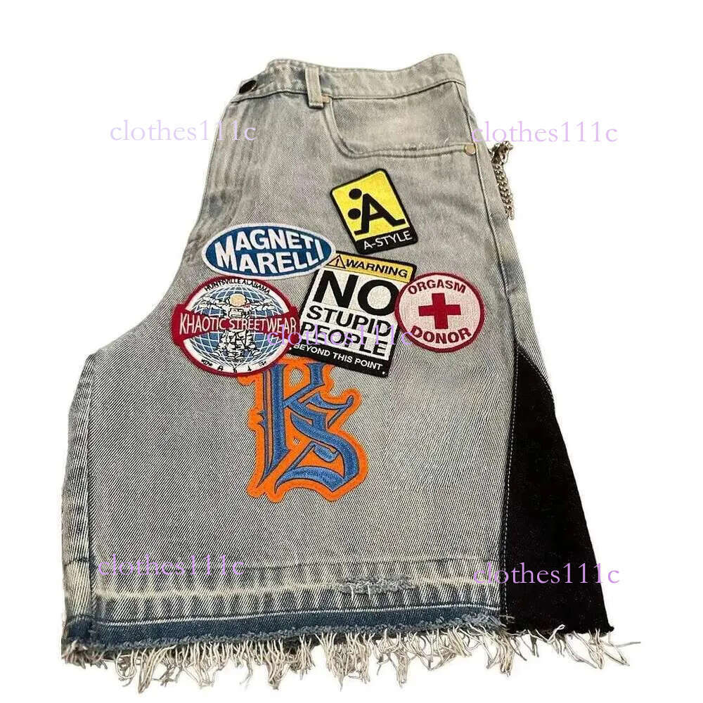 Streetwear Patchwork Short Y2k Jeans Men Women Hip Hop Cartoon Graphics Retro Blue Loose Denim Fiess Casual Shorts