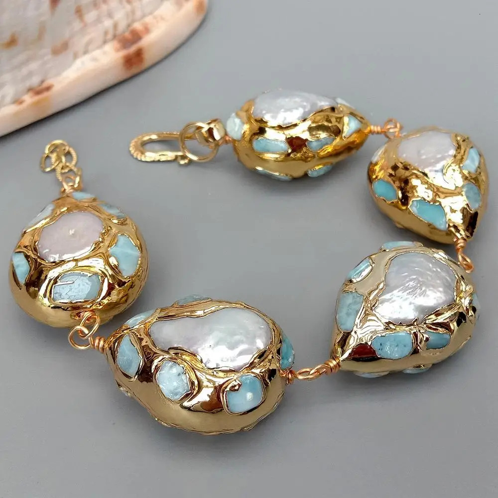 YYGEM Natural White Coin Freshwater Pearl Pave 22x28mm Blue larimar Chips Teardrop Gold Color Plated Wrap Bracelet 9 251016