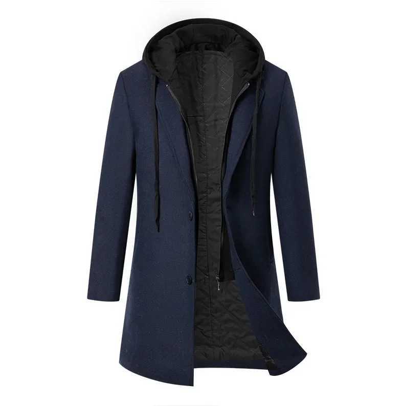 Mens Thickened Hooded Fake TwoPiece MidLong Wool Coat Solid Color Slim Fit Windbreaker Outerwear for Autumn and Winter S3XLT251025