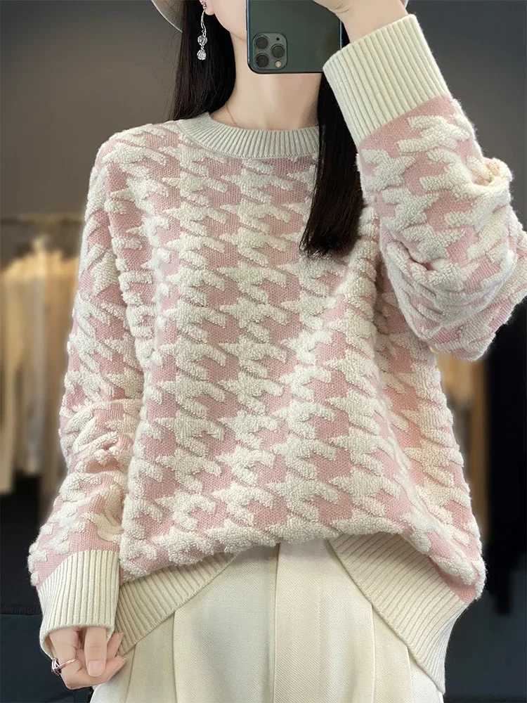 2025 Autumn Winter New Korean Version Round Neck Loose 100 Wool Houndstooth Pullover Sweater Knitted Base LayerT251025