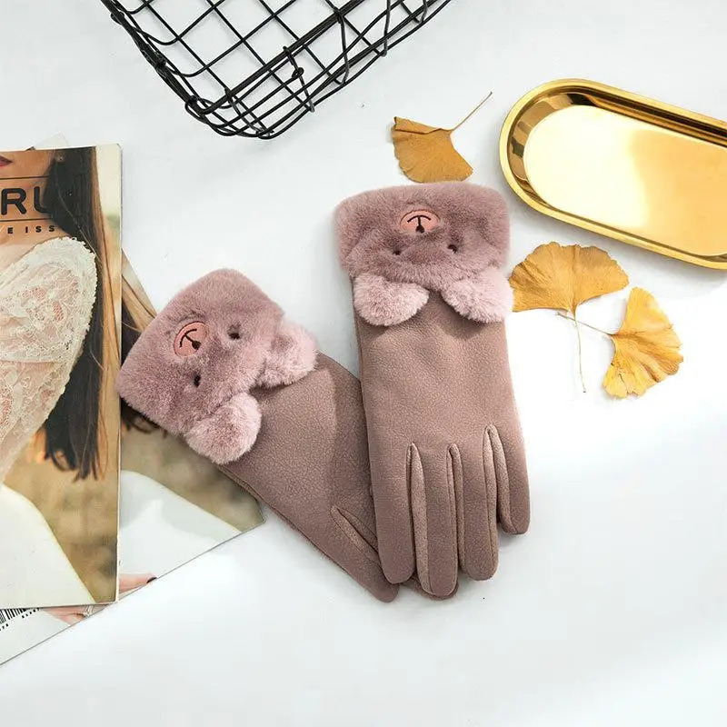 Suede Winter Ladies Gloves Korean Cute Thick Autumn and Winter Warm Driving and Riding Touch Screen Gloves 251023