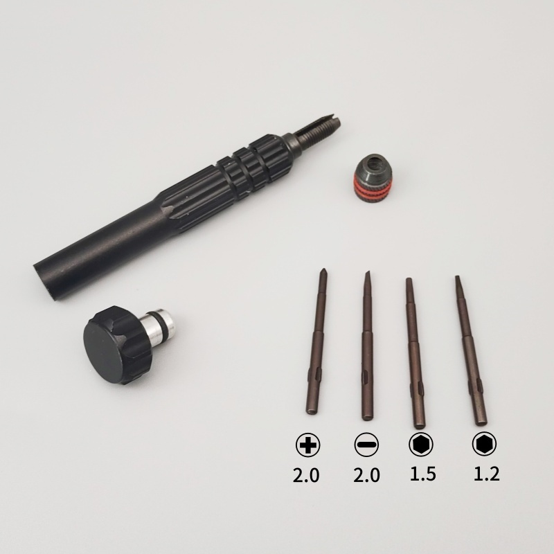 Four-in-one multi-functional screwdriver with anti-slip handle and interchangeable heads, single set.