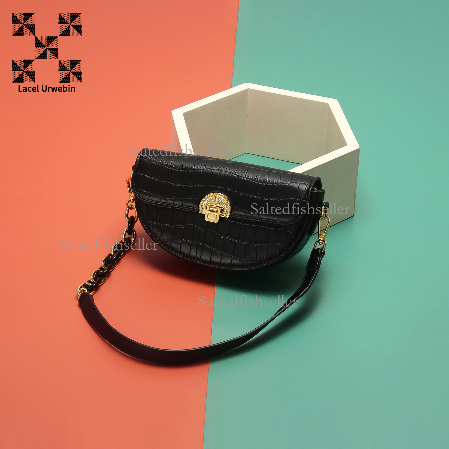 Lacel Urwebin Designer Fashion Popular Shoulder Bag Luxury Crocodile Pattern Half Moon Underarm Bag New High-end Trendy Chain Niche White Crossbody Ba