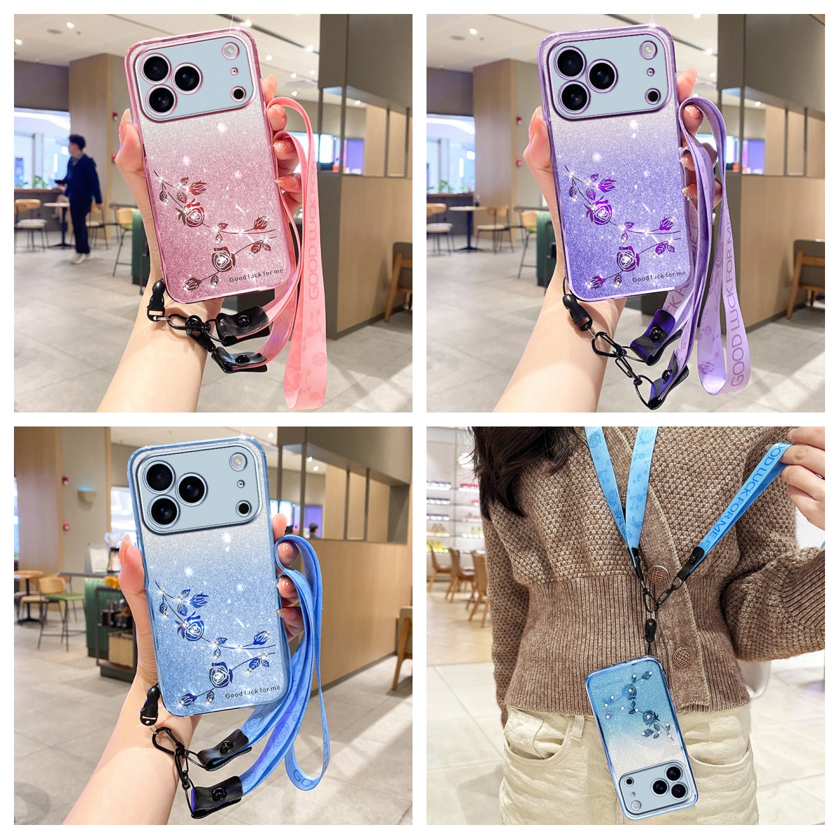 Luxury Gradient Glitter Diamond Flower Crossybody Strap Plating TPU Case For iPhone 17 Air 16e 16 15 14 13 12 11 Pro Max Samsung S25 Edge S24 FE S23 U