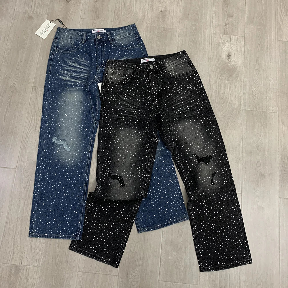Vintage Shinning Rhinestone Washed Hole Distressed Baggy Jeans Pants for Men Straight Casual Loose Ripped Denim Trousers 251023