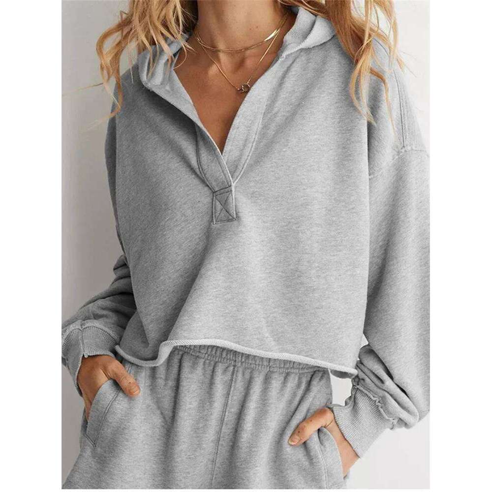 Women's Spring Autumn Hooded Sweatshirt Long Sleeve Solid Color V Neck Crop Hoodie hoodies women